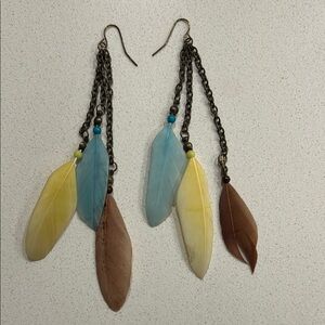 Bohemian Blue and Yellow Feather Earrings